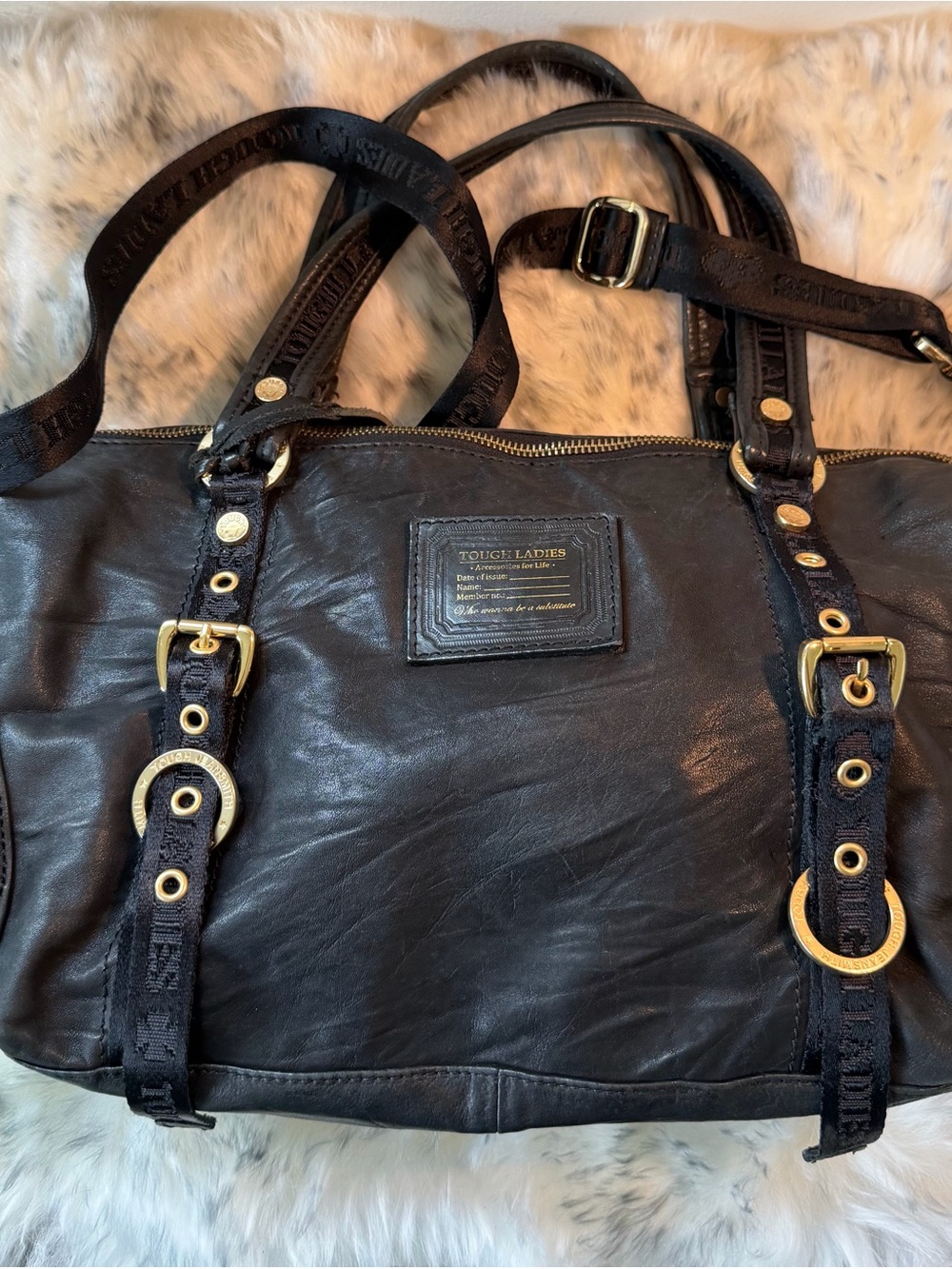 Tough Jeans Black Leather Tote with Gold Hardware